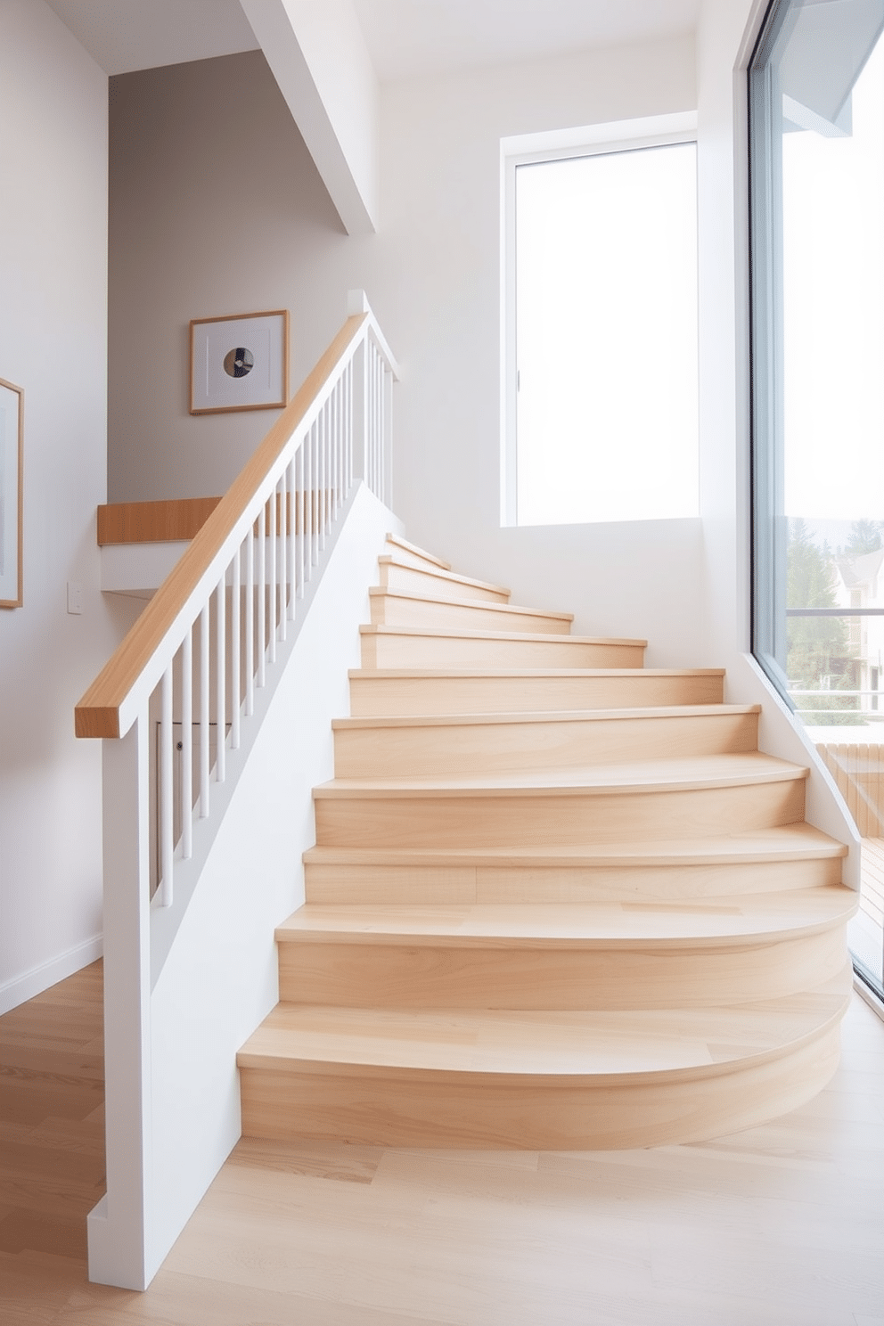 A Scandinavian-style staircase with a light wood finish features clean lines and a minimalist aesthetic. The treads are wide and gently curved, complemented by a sleek, white railing that enhances the airy feel of the space. Natural light floods the area through a large window, illuminating the warm tones of the wood. The staircase is surrounded by soft, neutral walls adorned with simple artwork, creating a serene and inviting atmosphere.