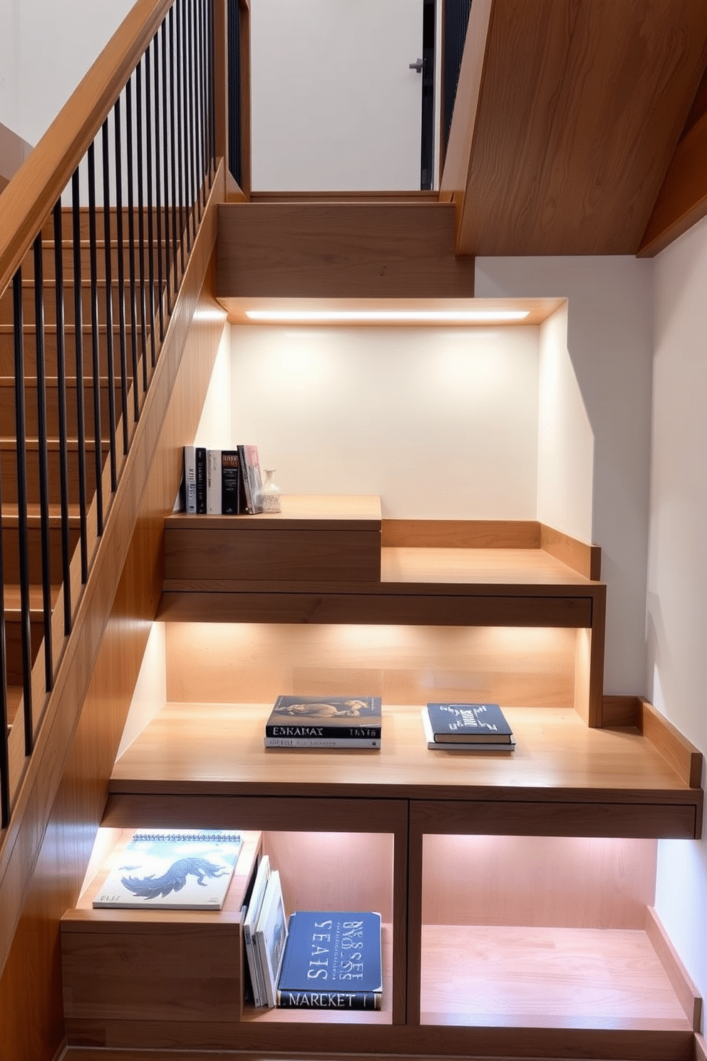 A modern staircase featuring integrated storage solutions seamlessly blends functionality with aesthetics. The staircase is crafted from rich oak wood, with built-in shelves and drawers beneath each step, providing ample space for books and decorative items. The design incorporates sleek metal railings that complement the wood, enhancing the contemporary feel. Soft LED lighting illuminates the steps, creating a warm ambiance and highlighting the unique storage features.