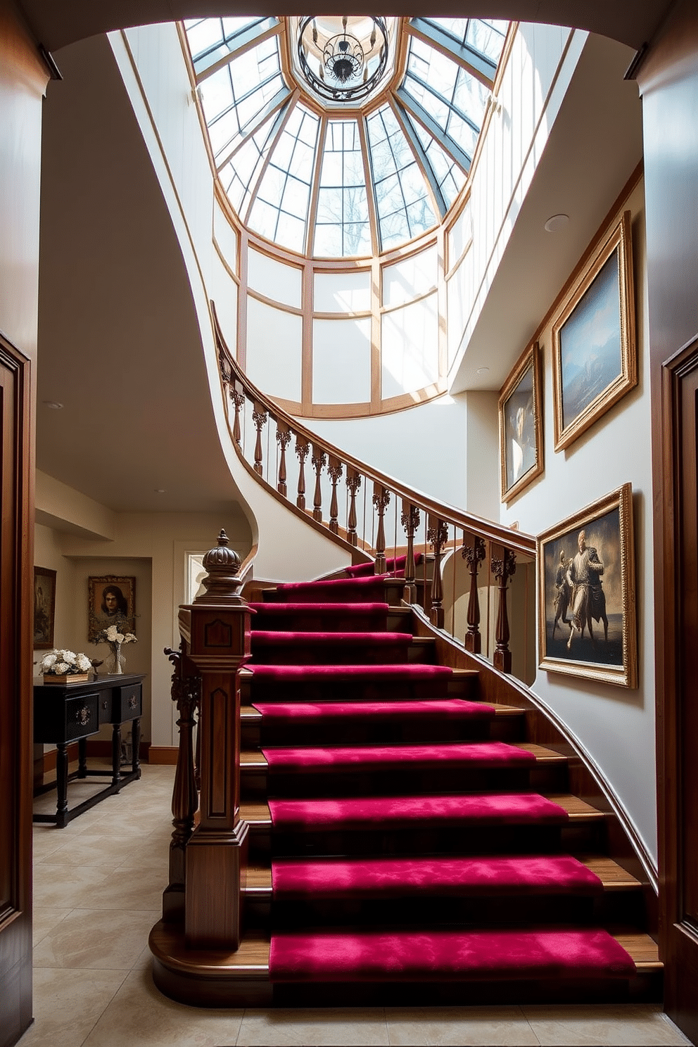 A bespoke staircase elegantly curves through the foyer, featuring a unique handrail crafted from polished mahogany with intricate carvings that reflect the home's architectural style. The steps are adorned with a luxurious runner in a rich, deep hue, complementing the surrounding decor and enhancing the sense of sophistication. Natural light floods the space through a large skylight above, illuminating the staircase and highlighting the craftsmanship of the railings. The walls are adorned with tasteful artwork, creating a gallery-like atmosphere that invites guests to admire the stunning design as they ascend.