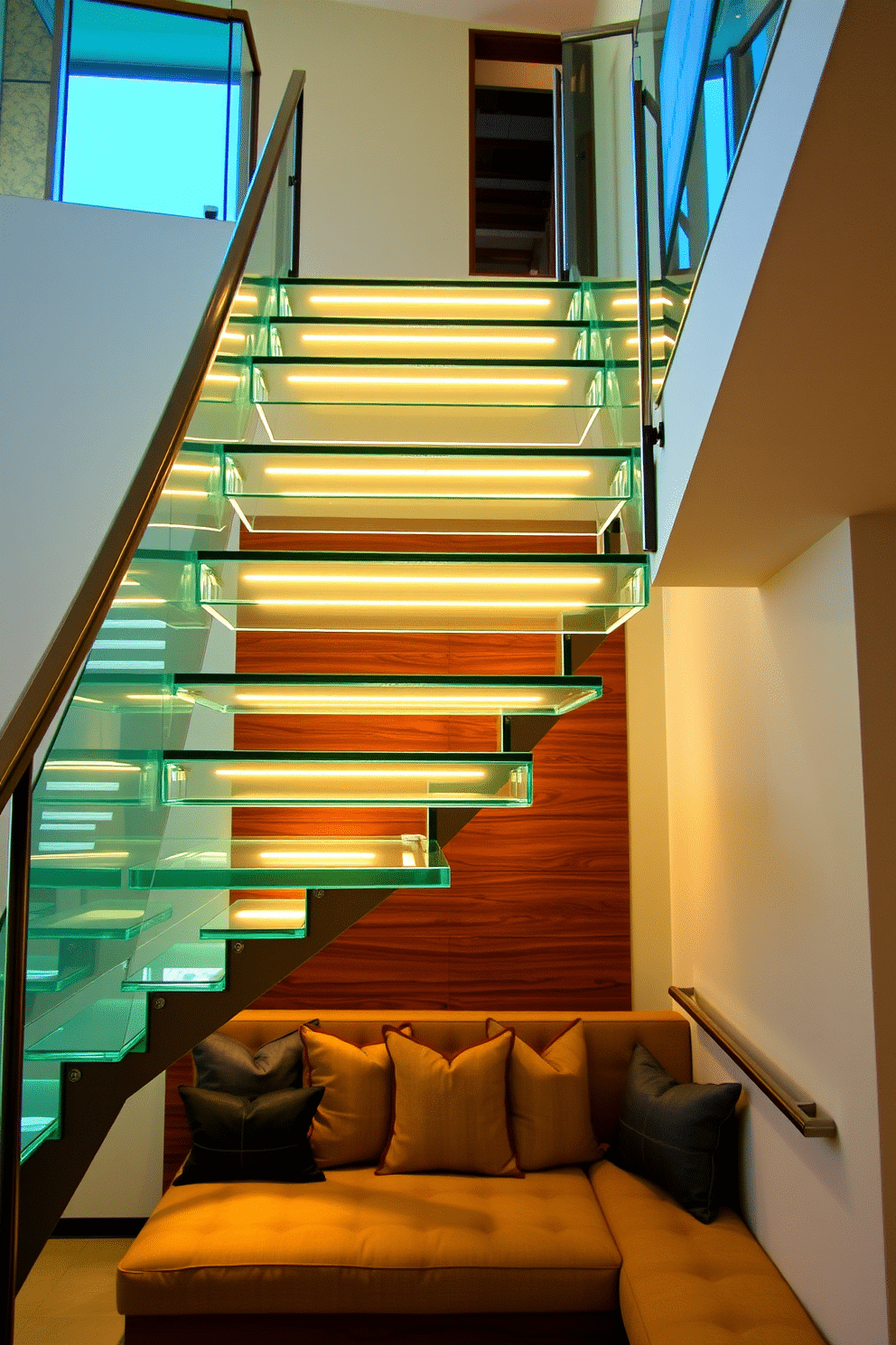 A stunning floating staircase features illuminated glass risers that create a sense of lightness and modern elegance. The staircase is framed by sleek metal railings, complementing the open concept of the space and enhancing the flow of natural light. The design incorporates warm wood accents that contrast beautifully with the glass and metal elements. Below the staircase, a cozy seating area with plush cushions invites relaxation, making the most of the available space.