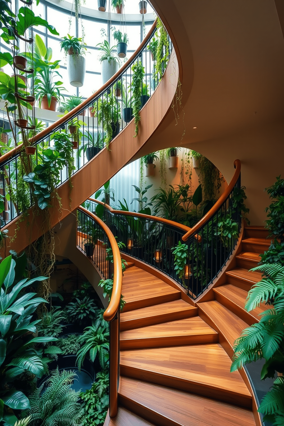 A winding staircase gracefully curves through a lush indoor garden, with vibrant greenery cascading from planters along the railing. The staircase features a sleek wooden finish, complemented by soft ambient lighting that highlights the natural elements surrounding it. Incorporating bespoke design elements, the staircase includes custom ironwork balusters that add an artistic touch. The surrounding greenery consists of various potted plants and hanging ferns, creating a serene and inviting atmosphere.