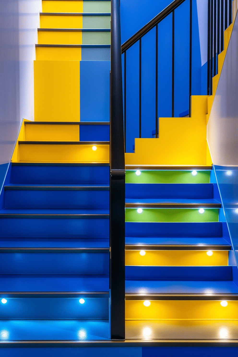 A bold color-blocked staircase features vibrant hues that create a striking visual impact. The steps alternate between rich blue and bright yellow, while the handrail is a sleek black, enhancing the modern aesthetic. This bespoke staircase design incorporates geometric patterns on the risers, adding an artistic touch. Ambient lighting is installed beneath the treads, illuminating the colors and creating a dramatic effect in the entryway.