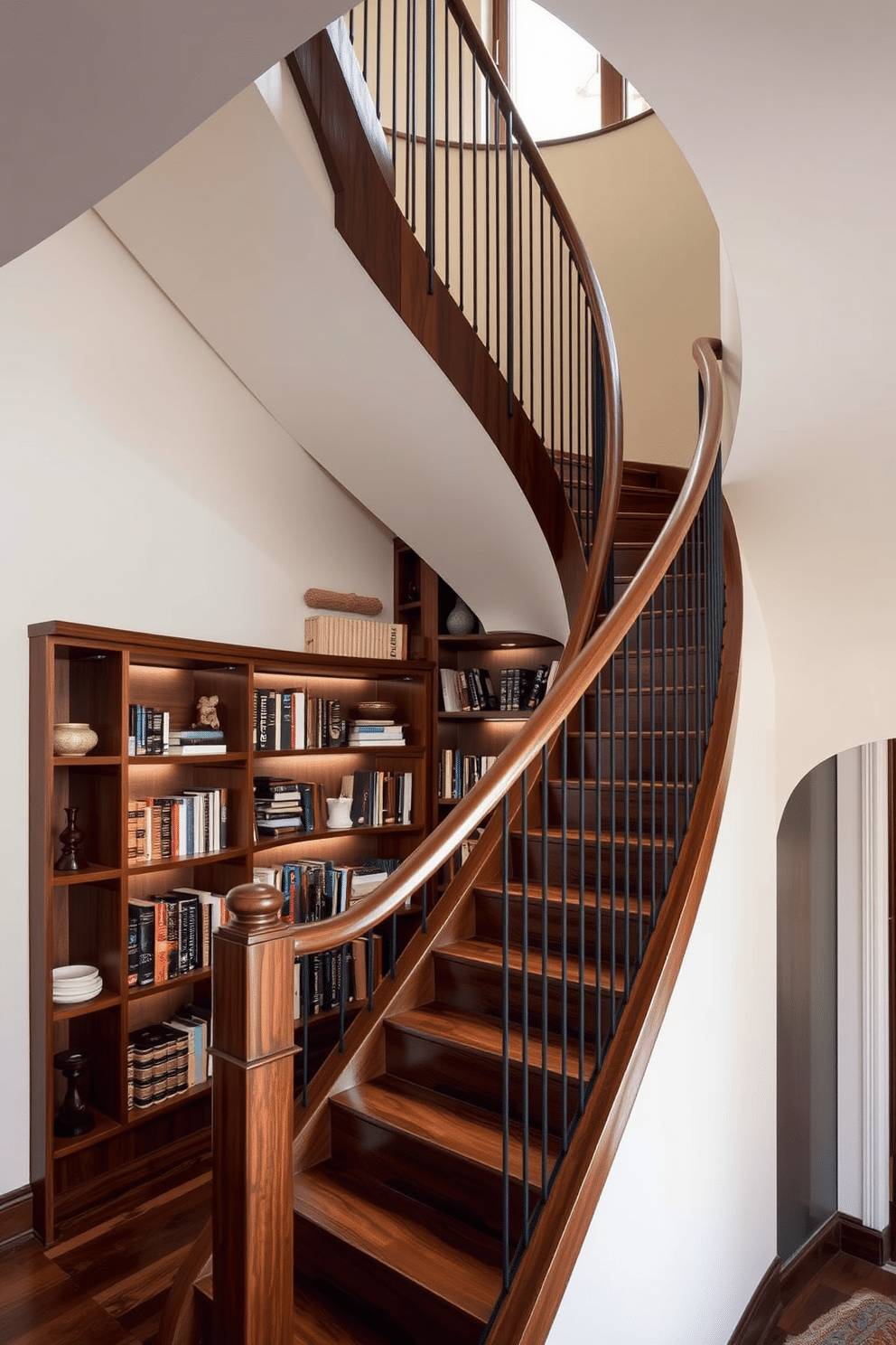 A stunning curved staircase gracefully sweeps through the space, featuring integrated bookshelves that seamlessly blend into the design. The bookshelves are crafted from rich, dark wood, showcasing a curated selection of books and decorative objects that add character to the staircase. The staircase itself is adorned with a polished handrail, complementing the elegant curves of the steps. Soft lighting highlights the contours of the staircase, creating a warm and inviting atmosphere while enhancing the bespoke craftsmanship.