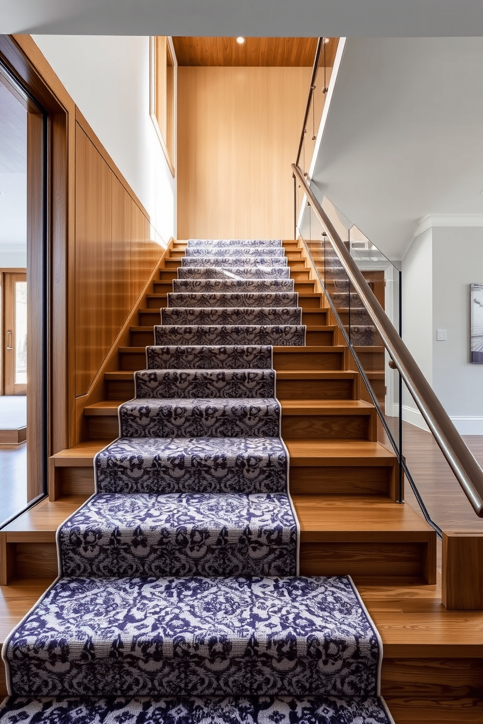 A stunning staircase features a luxurious patterned carpet runner that elegantly contrasts with the polished wooden steps. The intricate design of the runner adds warmth and character, guiding the eye upward through the space. The staircase is framed by a sleek glass railing that enhances the modern aesthetic, allowing natural light to flow freely. Bespoke details, such as custom woodwork and integrated lighting, elevate the overall design, making it a focal point of the home.