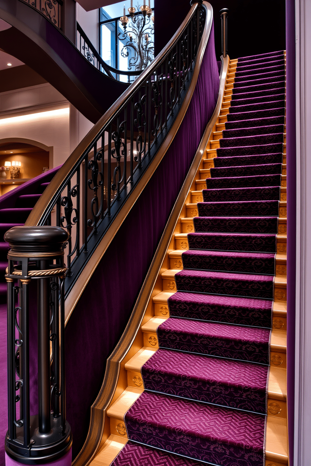 A luxurious staircase with rich velvet upholstery, featuring a sweeping curve that invites elegance and sophistication. The banister is adorned with intricate metalwork, while the steps are lined with plush, deep-colored carpet to enhance comfort and style. Bespoke staircase design ideas include custom risers with unique patterns and textures, paired with ambient lighting that highlights the staircase's architectural features. Incorporating a mix of materials, such as wood and glass, creates a striking visual contrast that elevates the overall aesthetic.