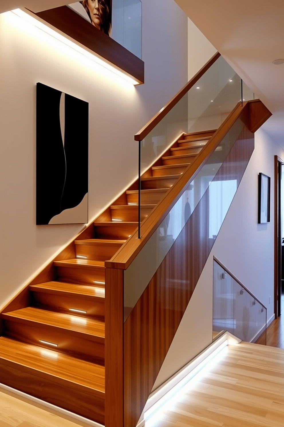 A contemporary staircase design featuring sleek, mirrored accents that reflect light beautifully. The staircase is crafted from polished wood with a minimalist railing, creating an elegant and airy feel. The walls beside the staircase are adorned with modern artwork, enhancing the overall aesthetic. Soft LED lighting is integrated into the steps, providing a warm glow that highlights the design elements.