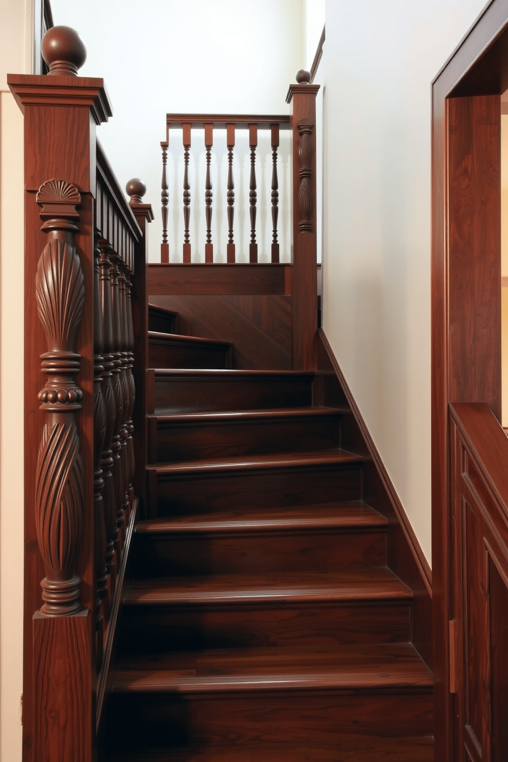 A traditional wooden staircase features intricately carved decorative newel posts that add a touch of elegance. The balustrades are adorned with detailed spindles, and the treads showcase rich, polished wood that enhances the overall warmth of the space. Incorporating bespoke design elements, the staircase seamlessly blends functionality with artistry. Custom risers and a unique handrail design create a striking focal point, inviting guests to ascend with anticipation.