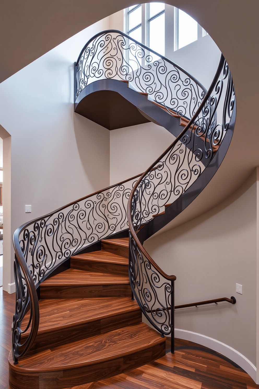 A stunning sculptural staircase features flowing, organic lines that create a dynamic focal point in the entryway. The artistic railings are crafted from wrought iron, showcasing intricate patterns that complement the overall aesthetic of the home. This bespoke staircase design incorporates a mix of materials, including polished wood treads and glass panels for a modern touch. Soft, ambient lighting highlights the curves of the staircase, enhancing its sculptural quality and inviting guests to explore further.