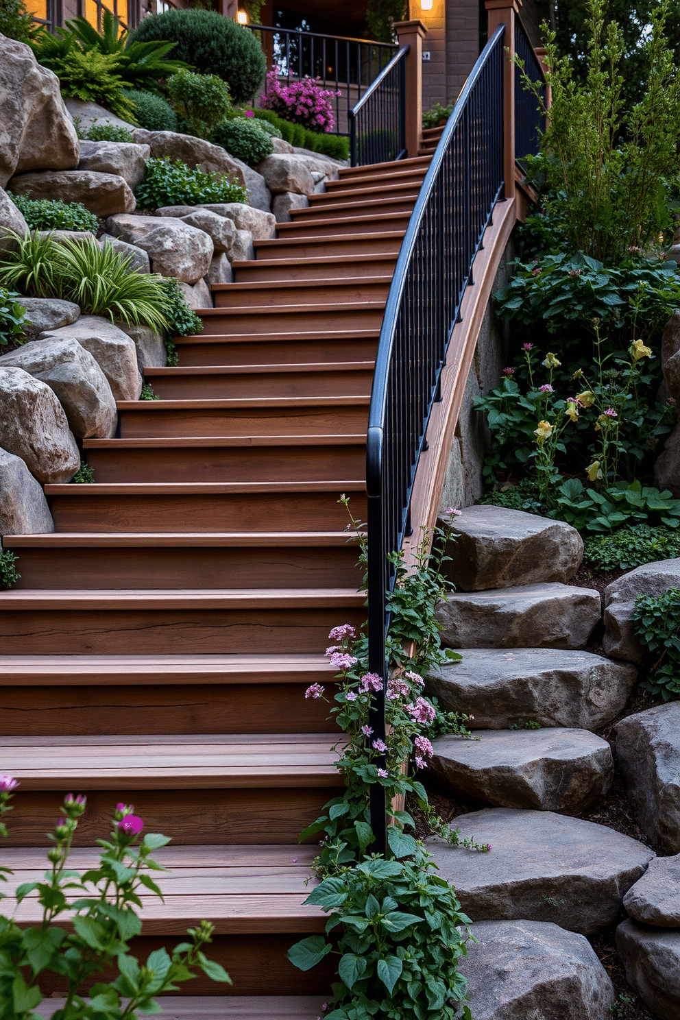 A stunning outdoor staircase seamlessly integrates with the surrounding natural landscape, featuring wide wooden steps that mimic the organic shapes of the terrain. Lush greenery and flowering plants cascade down the sides, creating a harmonious blend of architecture and nature. The staircase showcases bespoke design elements, including custom railings made from wrought iron that complement the rustic charm of the environment. Soft outdoor lighting highlights the staircase at dusk, enhancing its elegance while ensuring safety and functionality.