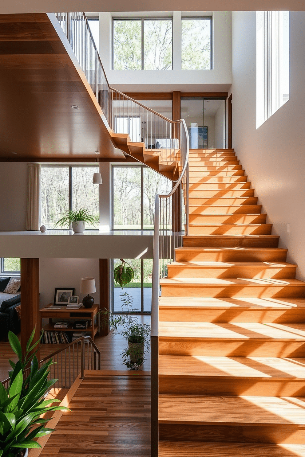 A stunning multi-level staircase features sleek wooden steps that seamlessly blend with the surrounding open spaces. Natural light floods the area through large windows, highlighting the elegant design and creating a warm, inviting atmosphere. The staircase is adorned with a modern metal railing that adds a touch of sophistication. Surrounding the staircase, minimalist decor enhances the sense of openness, while strategically placed greenery brings a refreshing element to the space.