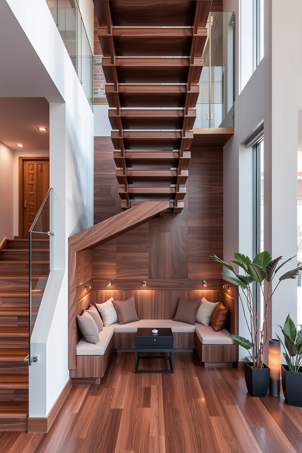 A stunning staircase design features a modern, floating structure with sleek wooden steps and a glass railing that allows light to flow through. At the base of the staircase, a built-in seating area is elegantly integrated, adorned with plush cushions and a small coffee table, creating a cozy nook. The bespoke staircase showcases intricate woodwork, with unique detailing that reflects the overall aesthetic of the home. Surrounding the staircase, ambient lighting highlights the craftsmanship, while the seating area is framed by decorative plants that add a touch of nature.