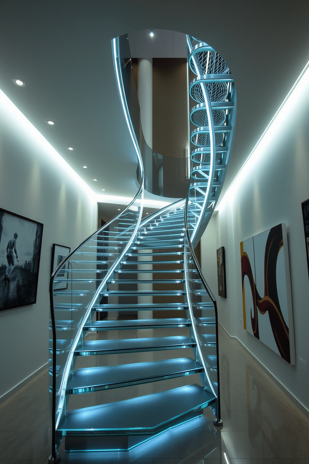 A futuristic staircase design featuring sleek, flowing lines and innovative materials such as glass and metal. The staircase is illuminated with integrated LED lighting, creating a stunning visual effect as it spirals upward. The handrail is crafted from transparent acrylic, providing an unobstructed view of the surrounding space. Surrounding the staircase, the walls are adorned with contemporary art pieces that enhance the modern aesthetic.