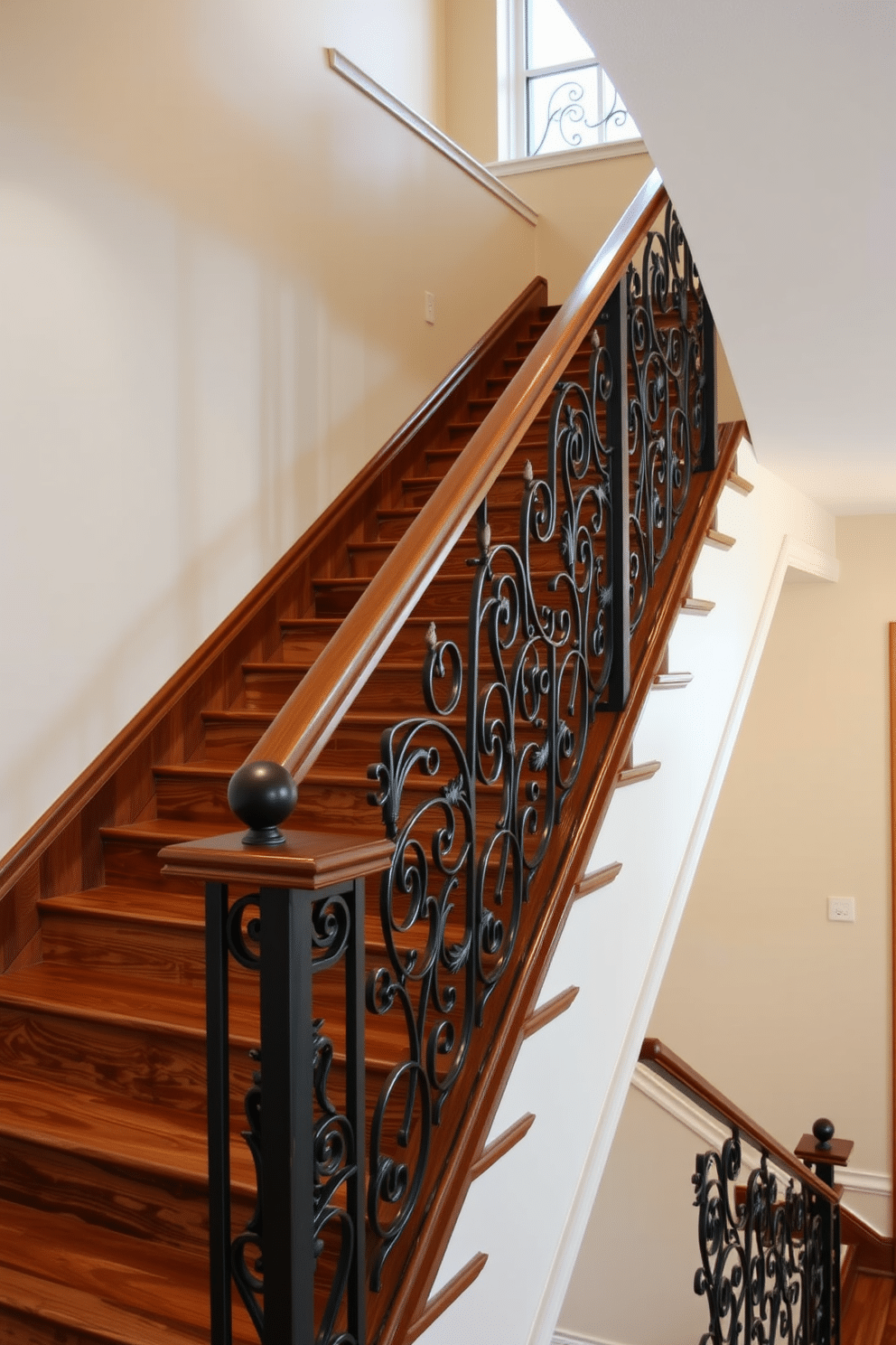 A stunning staircase featuring custom metalwork design. The handrails are elegantly crafted with intricate patterns, seamlessly blending functionality with artistry. The staircase is complemented by a rich hardwood finish that contrasts beautifully with the sleek metal elements. Soft ambient lighting highlights the design, creating a warm and inviting atmosphere.