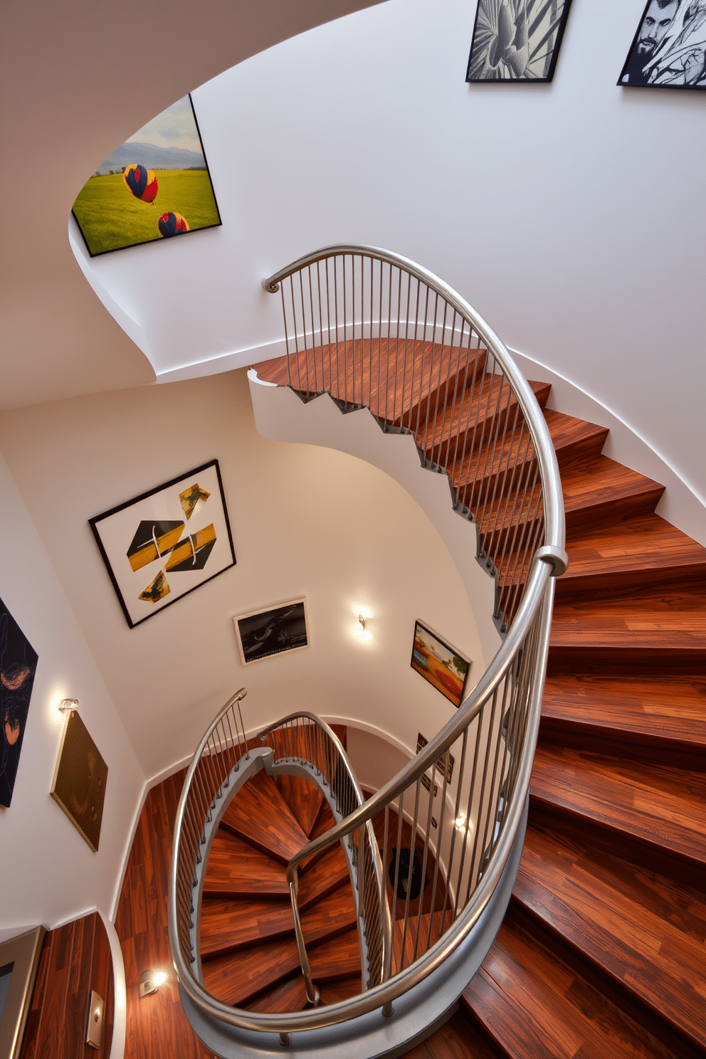 A stunning spiral staircase with sleek metal accents gracefully ascends to the upper level. The staircase features a combination of polished steel handrails and warm wooden treads, creating a striking contrast. The surrounding walls are adorned with contemporary art, enhancing the modern aesthetic of the space. Soft ambient lighting highlights the curves of the staircase, adding an inviting glow to the area.