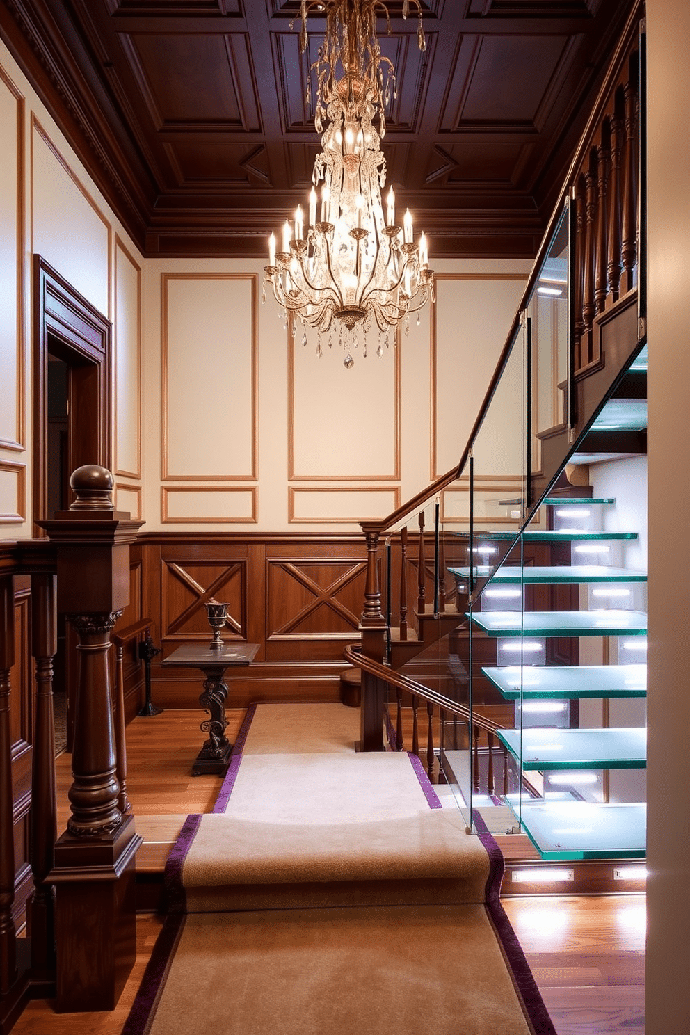 A classic staircase with elegant wainscoting design features rich wooden handrails and balusters that complement the intricate paneling along the walls. The steps are adorned with a plush runner, leading to a grand landing illuminated by a stunning chandelier overhead. Bespoke staircase design ideas include unique shapes and materials, such as a floating staircase with glass treads that create a sense of openness. Incorporating built-in lighting along the risers enhances the visual appeal while ensuring safety and functionality.