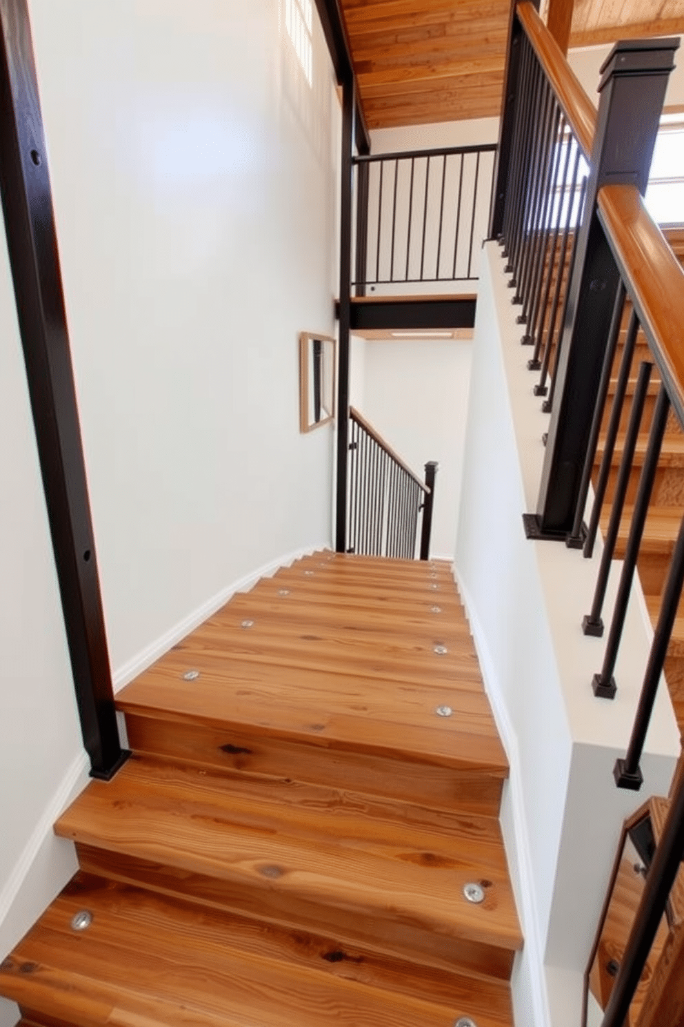 A rustic reclaimed wood staircase features sturdy iron supports that blend industrial charm with natural warmth. The treads are wide and inviting, showcasing the unique grain of the wood, while the iron railings add a touch of modern elegance. This bespoke staircase design incorporates intricate details, such as custom-cut wooden balusters and a hand-forged iron handrail. The overall aesthetic harmonizes with the surrounding decor, creating a stunning focal point in the entryway.