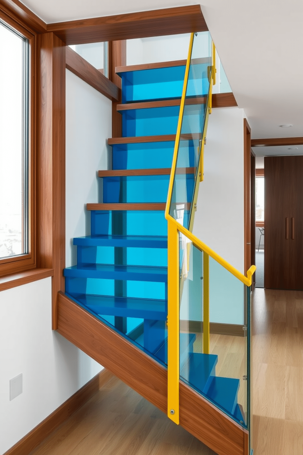 Open riser staircase with bold color contrast design. The stairs feature a sleek wooden frame with vibrant blue treads and a striking yellow railing, creating a dynamic visual impact. Bespoke staircase design ideas. The staircase incorporates unique geometric shapes and materials, blending glass and metal elements for a modern and artistic feel.