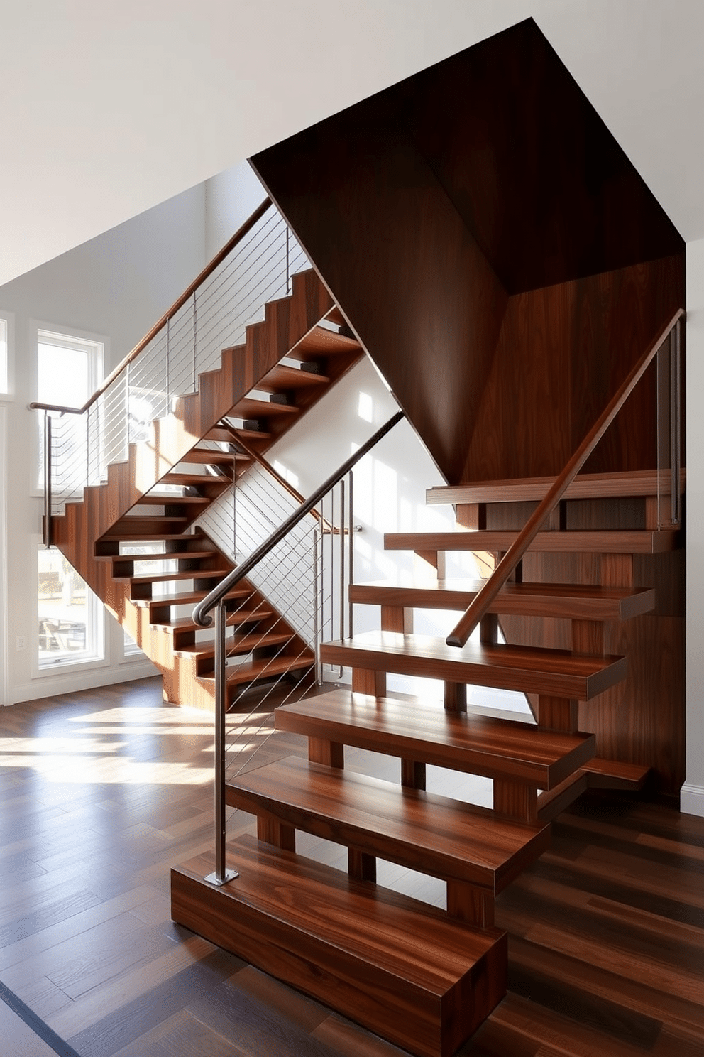 A stunning geometric staircase featuring unique angular shapes that create a sculptural focal point in the entryway. The staircase is crafted from rich hardwood, with sleek metal railings that enhance its modern aesthetic. The steps are designed in varying widths and heights, adding visual interest and a dynamic flow to the space. Soft, ambient lighting highlights the angles, casting intriguing shadows that change throughout the day.