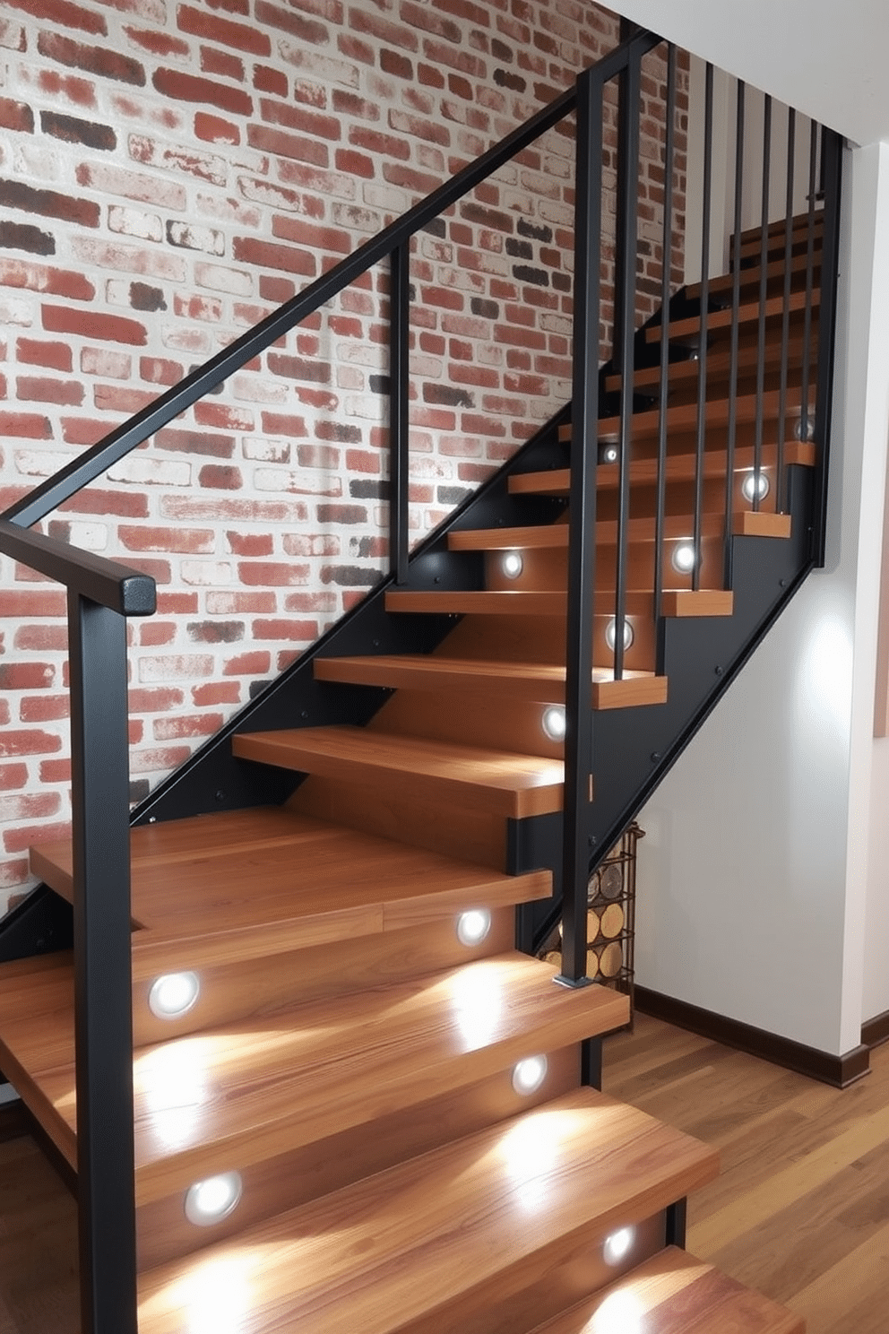 An industrial-style staircase features a sleek metal railing and wooden treads, seamlessly blending modern design with rustic charm. The backdrop showcases a striking exposed brick wall, adding warmth and texture to the space. This bespoke staircase design incorporates innovative lighting fixtures that illuminate each step, creating a dramatic visual effect. The combination of raw materials and elegant lines enhances the overall aesthetic, making it a focal point in the home.