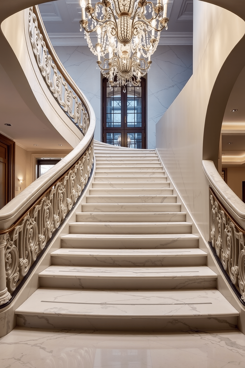 An elegant marble staircase gracefully curves upwards, featuring an ornate balustrade with intricate detailing that adds a touch of sophistication. The staircase is illuminated by a stunning chandelier overhead, casting a warm glow on the polished marble steps. Bespoke staircase design ideas incorporate unique materials and finishes, such as hand-carved wooden accents and custom metalwork. Each step is designed to enhance the overall aesthetic of the space, creating a striking focal point in the entryway.