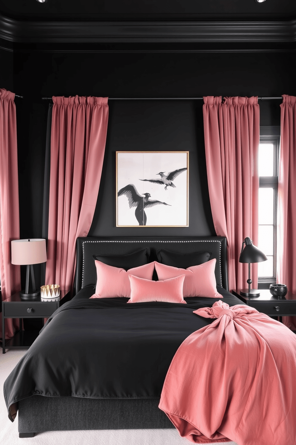 A luxurious black bedroom with a sophisticated, modern aesthetic. The walls are painted in an inky black hue, contrasted by blush pink velvet curtains draping elegantly over tall windows. The bed features black linens with soft blush pink throw pillows and a matching cashmere blanket at the foot, creating a subtle but striking accent. Nightstands on either side of the bed showcase matte black lamps with blush pink shades, while a monochromatic abstract artwork with hints of pink hangs above the headboard.