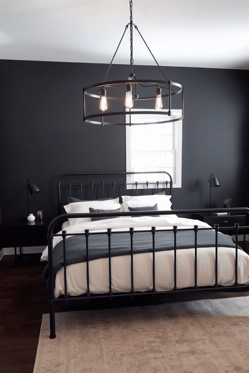 A sleek and moody bedroom with industrial elements. The black metal bedframe stands as the centerpiece, paired with matching side tables featuring clean, angular lines. Suspended above the bed, a black metal chandelier with exposed Edison bulbs casts a warm, inviting glow. The walls are painted in deep charcoal, while a soft, textured rug in muted tones anchors the space for balance and sophistication.