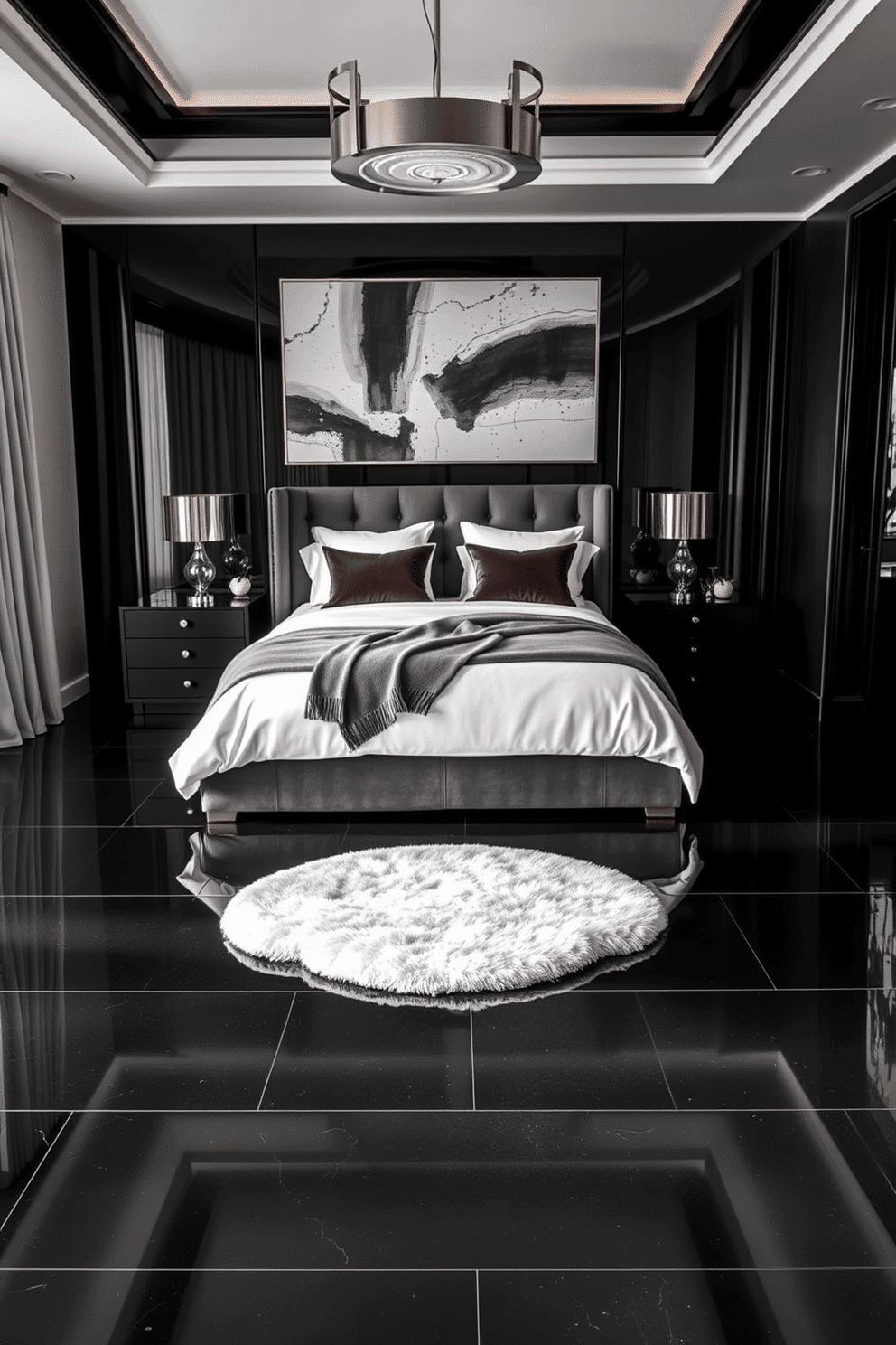 A sleek and luxurious bedroom design with high-gloss black flooring that reflects the ambient light, creating an atmosphere of modern sophistication. Centered in the room, a plush area rug in soft neutral tones adds warmth and contrast, anchoring the space with a cozy yet refined touch. The bed features an upholstered headboard in a rich charcoal fabric, complemented by crisp white bedding and velvet accent pillows. Minimalist black bedside tables with metallic lamps provide functional elegance, while abstract artwork on the walls adds a contemporary flair to the monochrome palette.