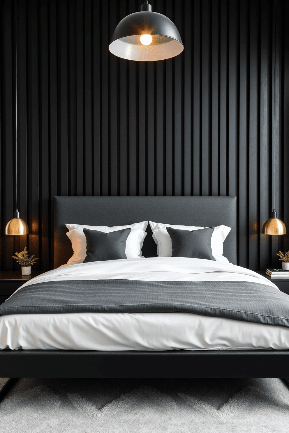 A modern bedroom exuding elegance features a striking black slatted wood accent wall behind the bed, adding depth and texture. The bed is dressed in crisp white linens with charcoal gray throw pillows, creating a balanced monochromatic palette. Warm light spills from two sleek pendant lights on either side of the bed, their golden glow softening the bold backdrop. Minimalist black bedside tables hold small potted plants and a few carefully chosen books, completing the space with understated sophistication.