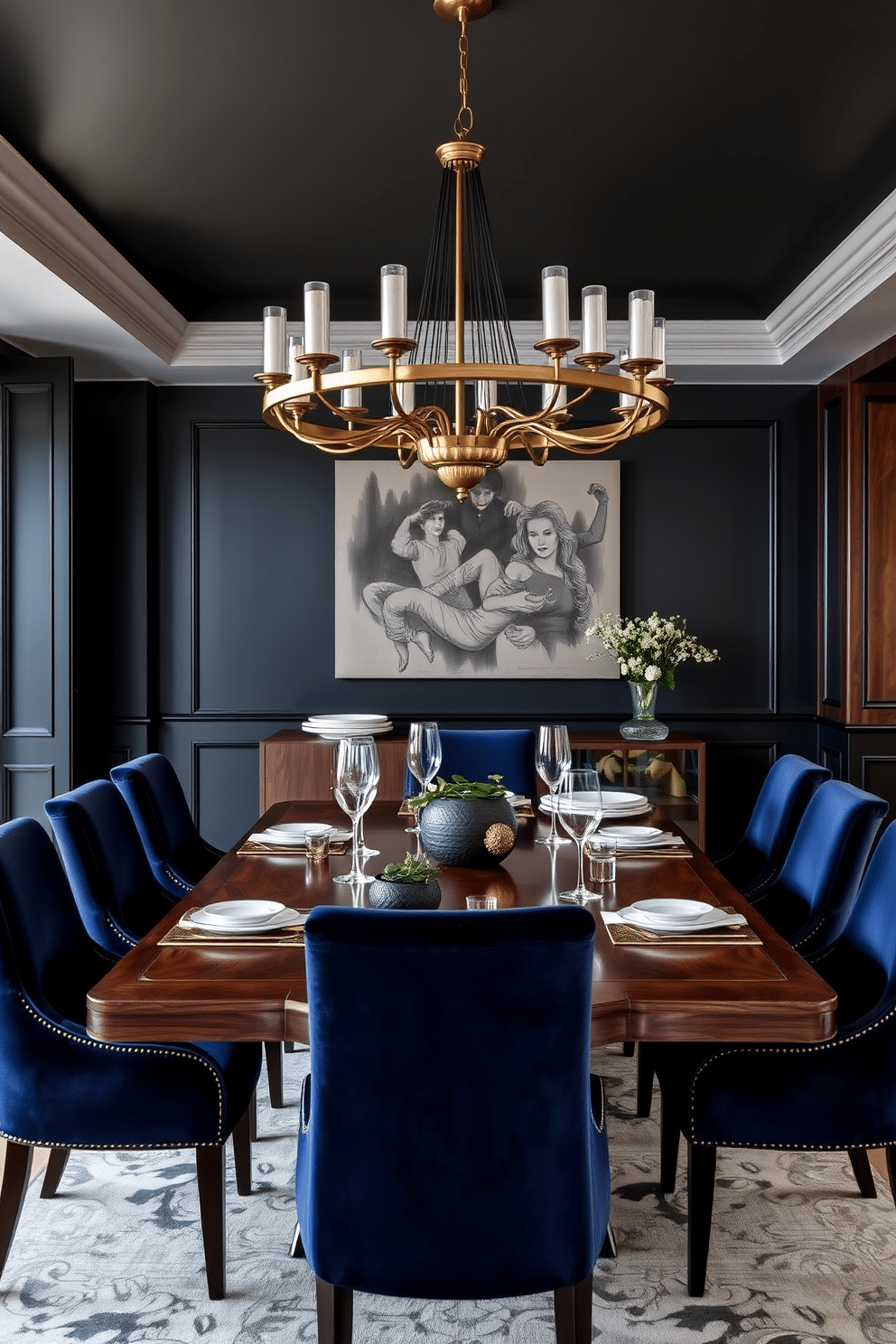 A chic dining room featuring dark wood accents that add warmth and sophistication. The space is anchored by a large, rectangular dining table made from rich mahogany, surrounded by plush upholstered chairs in a deep navy hue. The walls are painted in a soft matte black, creating a dramatic backdrop that enhances the elegance of the room. A statement chandelier with gold detailing hangs above the table, casting a warm glow over the setting.