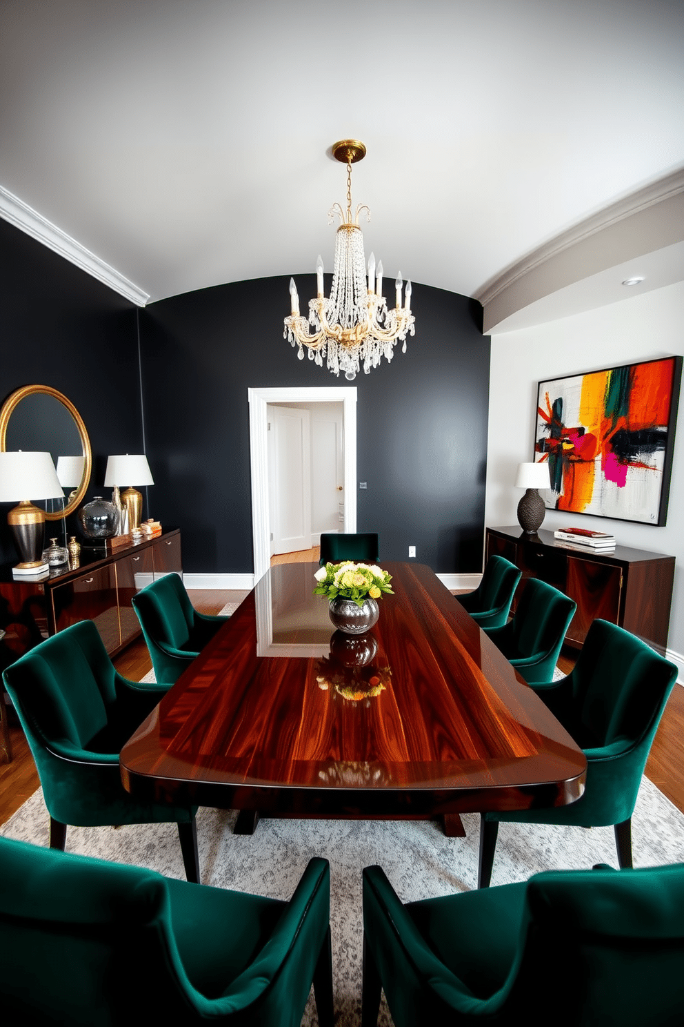 A striking black dining room featuring an elegant wooden table with a glossy finish, surrounded by plush velvet chairs in deep emerald green. The walls are painted a rich matte black, accented by a contrasting white ceiling that enhances the room's brightness and depth. A stunning chandelier with crystal details hangs from the ceiling, casting a warm glow over the dining area. On one side, a stylish buffet table showcases an array of decorative items, while a large abstract painting in vibrant colors adds a pop of interest to the dark palette.