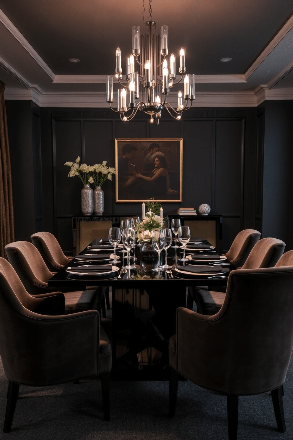 A striking black dining table serves as the centerpiece of an elegant dining room. Surrounding it are plush, upholstered chairs in a rich velvet fabric, creating a sophisticated contrast. The walls are adorned with a deep charcoal hue, enhancing the dramatic ambiance. Soft, ambient lighting from a modern chandelier casts a warm glow over the table, highlighting the exquisite place settings.