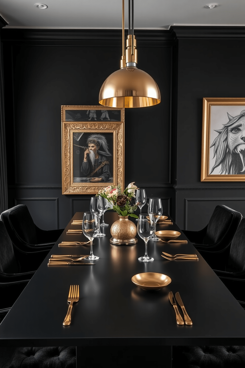 A striking black dining room features a sleek, modern table adorned with a mix of gold and silver cutlery, creating a luxurious yet eclectic atmosphere. The walls are painted a deep matte black, while elegant pendant lights with metallic accents hang above, casting a warm glow over the space. Rich, textured fabrics in dark hues complement the setting, with plush velvet chairs surrounding the table. A statement art piece with gold framing adds a touch of sophistication, harmonizing beautifully with the mixed metal theme.