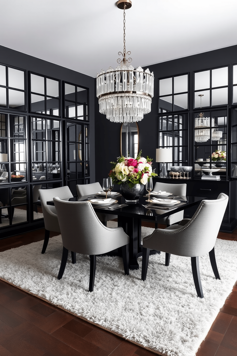 A stylish dining room featuring black-framed mirrors on the walls to create an illusion of a larger space. The room is adorned with a sleek black dining table surrounded by elegant upholstered chairs, complemented by a chic chandelier overhead. The walls are painted in a deep charcoal hue, enhancing the sophistication of the setting. A plush area rug anchors the space, while decorative accents like a centerpiece of fresh flowers and unique tableware add a personal touch.