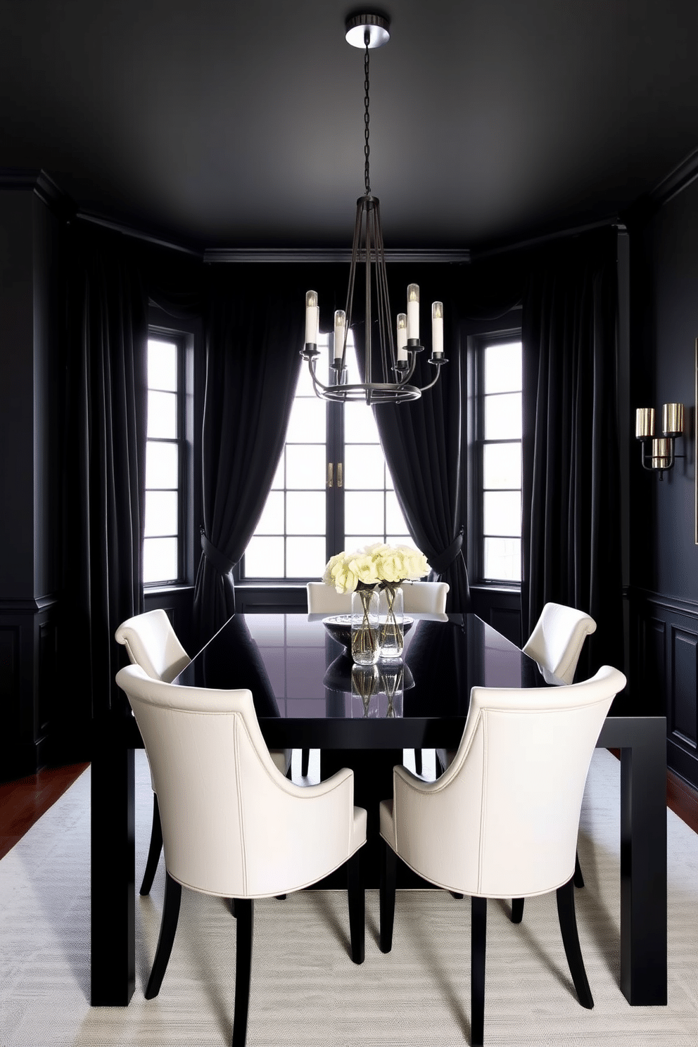 A striking dining room featuring bold black curtains that frame the windows, creating a dramatic focal point. The walls are painted in a deep charcoal hue, enhancing the sophisticated ambiance of the space. A sleek black dining table takes center stage, surrounded by elegant upholstered chairs in a contrasting light fabric. A modern chandelier hangs above, casting a warm glow over the setting and adding a touch of luxury.