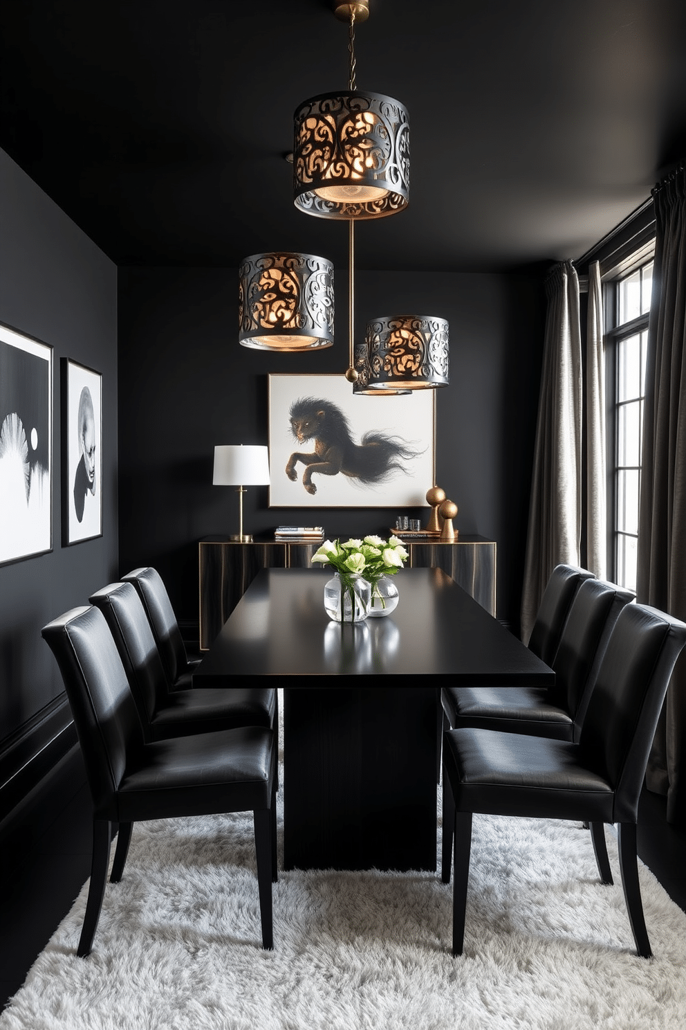 A striking black dining room features a sleek, dark wood table at its center, surrounded by elegant upholstered chairs. Above the table, artistic pendant lights with intricate designs cast a warm glow, enhancing the room's sophisticated atmosphere. The walls are painted in a deep matte black, creating a dramatic backdrop for the contemporary art pieces displayed. Rich textures, such as a plush area rug and velvet curtains, add depth and warmth to the space, making it inviting and stylish.