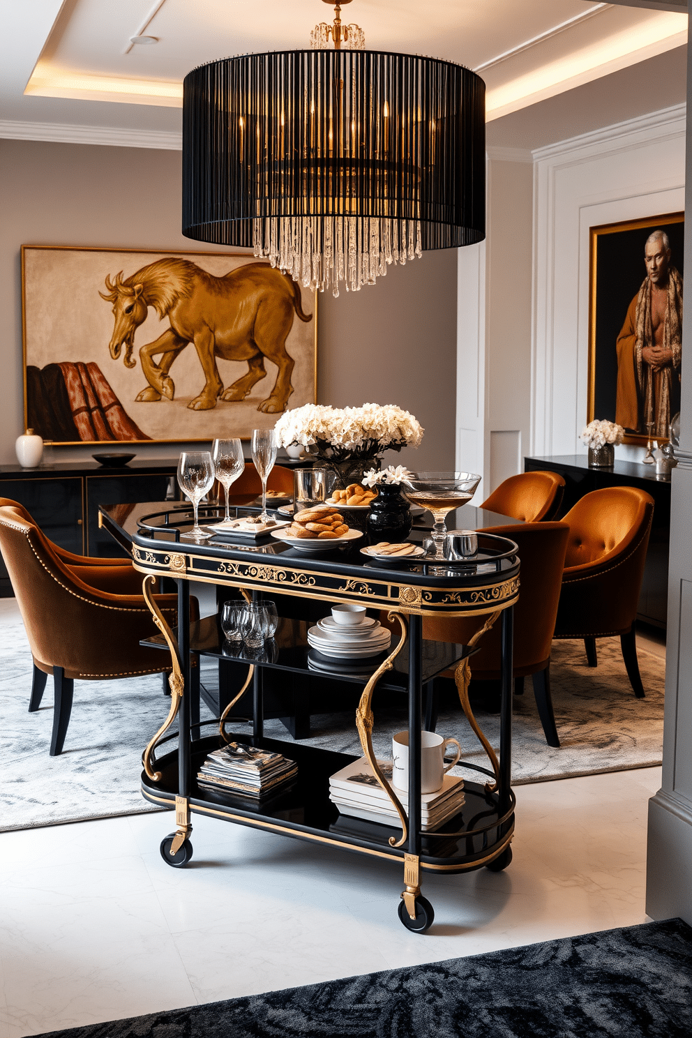 A luxurious black and gold serving cart stands elegantly in the corner of a modern dining room. The cart features intricate gold detailing and sleek black shelves, adorned with fine glassware and a selection of gourmet treats. The dining room showcases a striking black table surrounded by plush gold-accented chairs. A dramatic chandelier hangs above, casting a warm glow over the space, while rich textures and bold artwork enhance the sophisticated atmosphere.