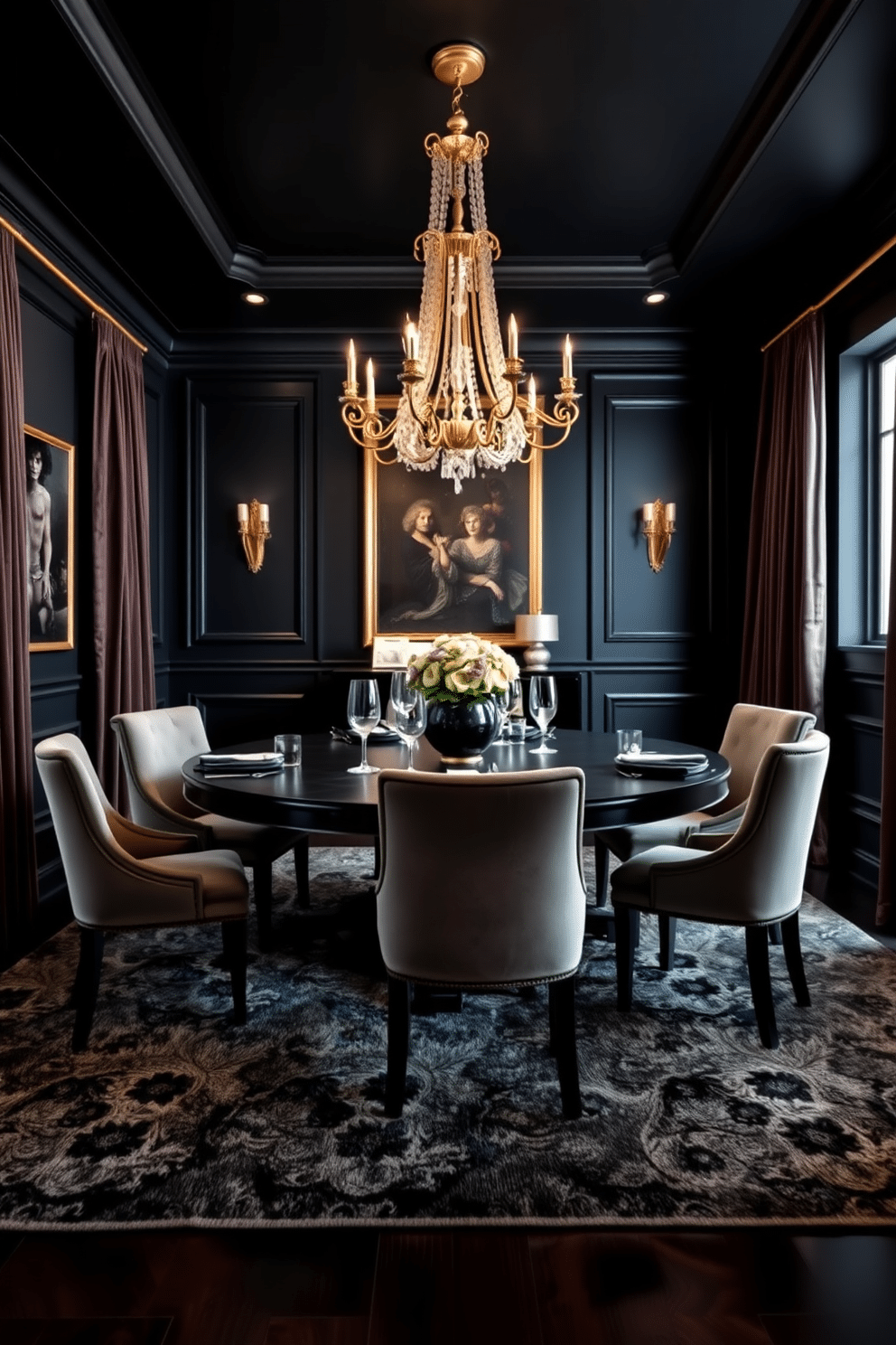 A stunning black dining room features a large, round table set for six, surrounded by elegant upholstered chairs. Above the table, a gold-accented chandelier hangs, casting a warm glow and adding dramatic flair to the sophisticated atmosphere. The walls are painted in a deep matte black, creating a bold backdrop that enhances the room's luxurious feel. Rich textures, such as a plush area rug and velvet drapes, complement the design while providing a cozy yet upscale dining experience.