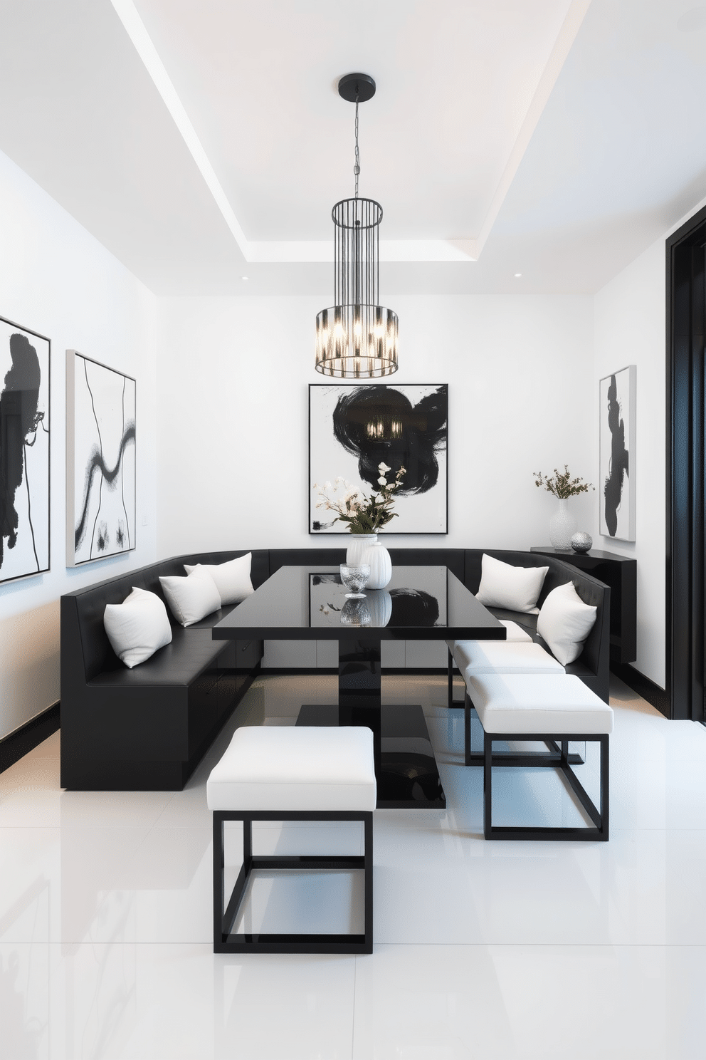 A sleek modern dining room features a striking black and white theme, centered around a minimalist black dining bench with clean lines and plush white cushions. The walls are adorned with abstract black and white artwork, and a contemporary chandelier hangs above the table, casting a warm glow over the space.