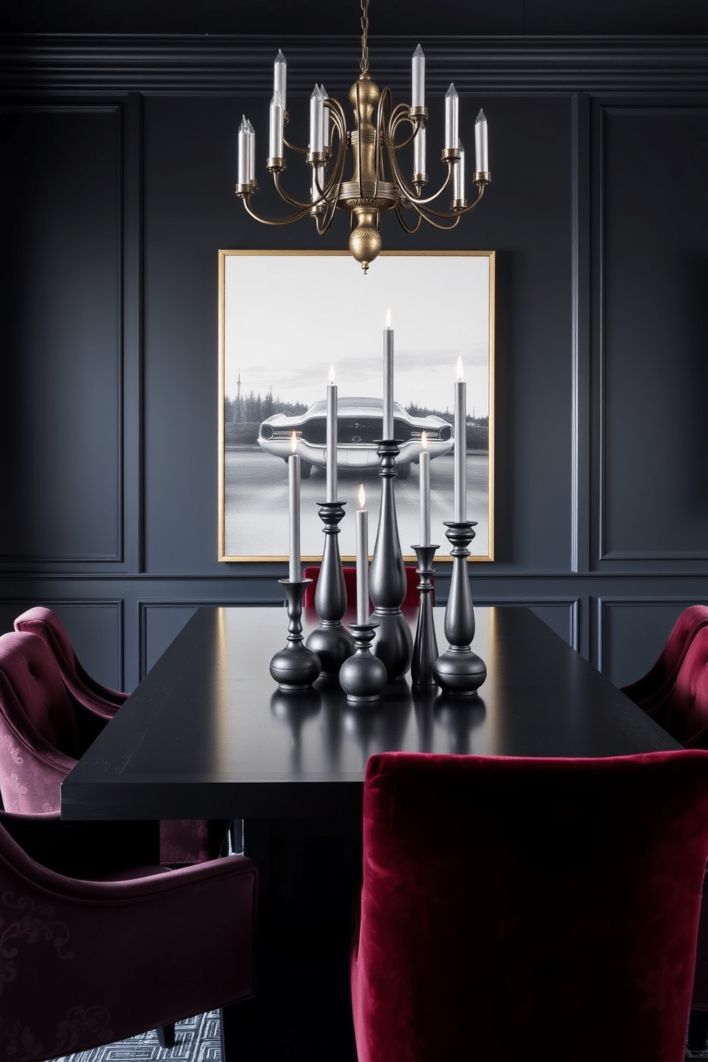 A striking black dining room features sculptural black candle holders as the centerpiece on a sleek, dark wood table. The walls are adorned with deep charcoal paint, complemented by plush velvet chairs in rich jewel tones, creating an inviting yet sophisticated atmosphere.