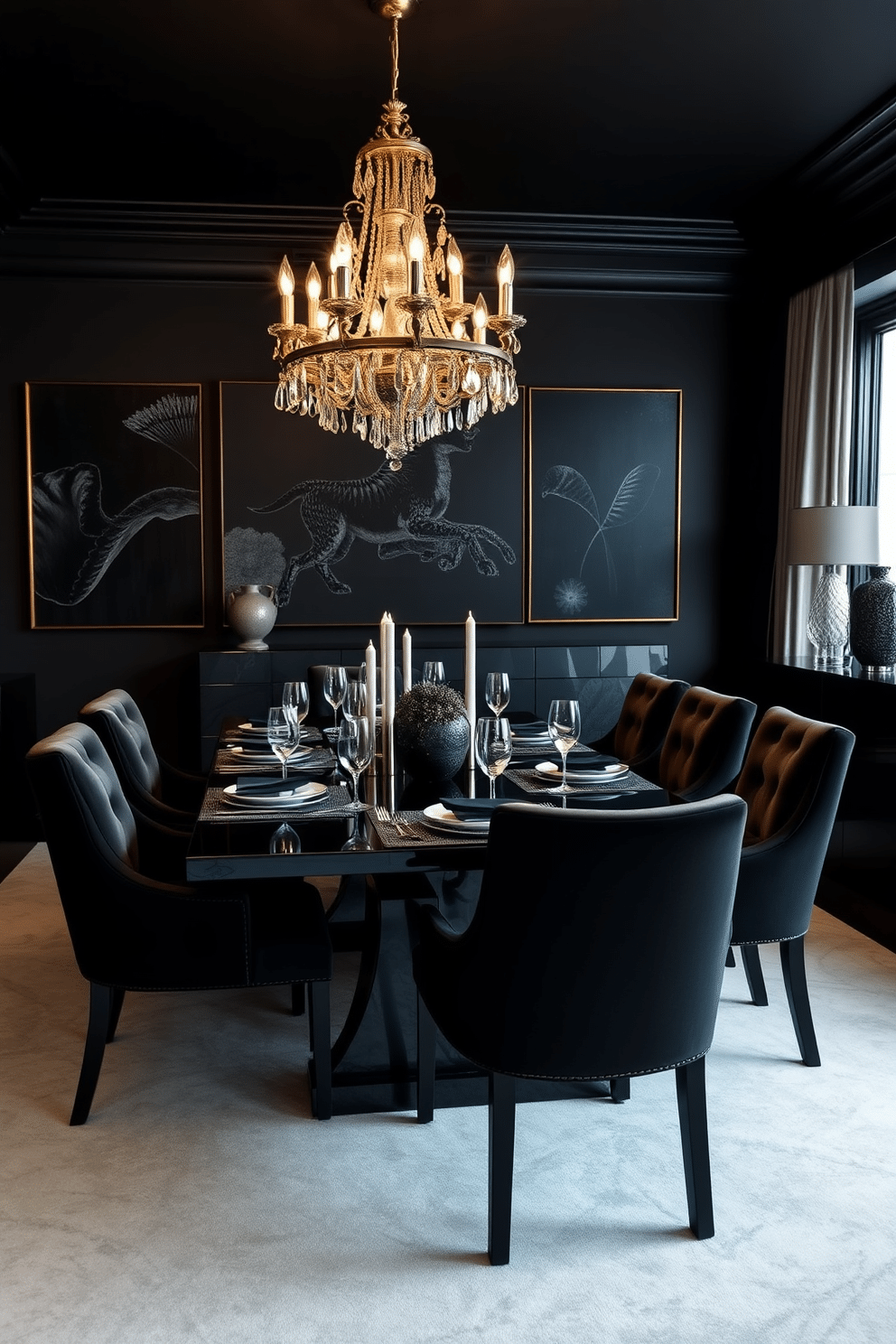 A striking black dining room featuring textured black placemats that add depth and contrast to the table setting. The dining table is elegantly set with fine china and polished silverware, surrounded by plush upholstered chairs in a complementary color. The walls are adorned with dark, rich artwork that enhances the room's sophistication. A statement chandelier hangs above the table, casting a warm glow over the space and highlighting the luxurious ambiance.