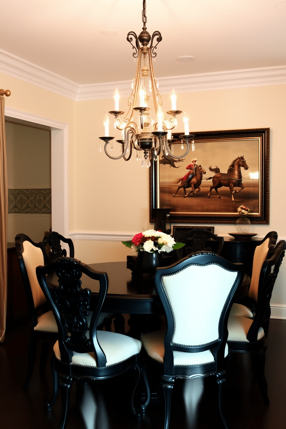 A vintage black dining set sits elegantly in a cozy dining room, surrounded by soft, ambient lighting that enhances its classic charm. The walls are painted in a warm cream tone, and a stunning chandelier hangs above the table, casting a gentle glow over the scene. The dining set features intricately carved wooden chairs with plush upholstery, inviting guests to gather around. A large, framed artwork adorns the wall, adding a touch of personality and color to the sophisticated black and cream palette.