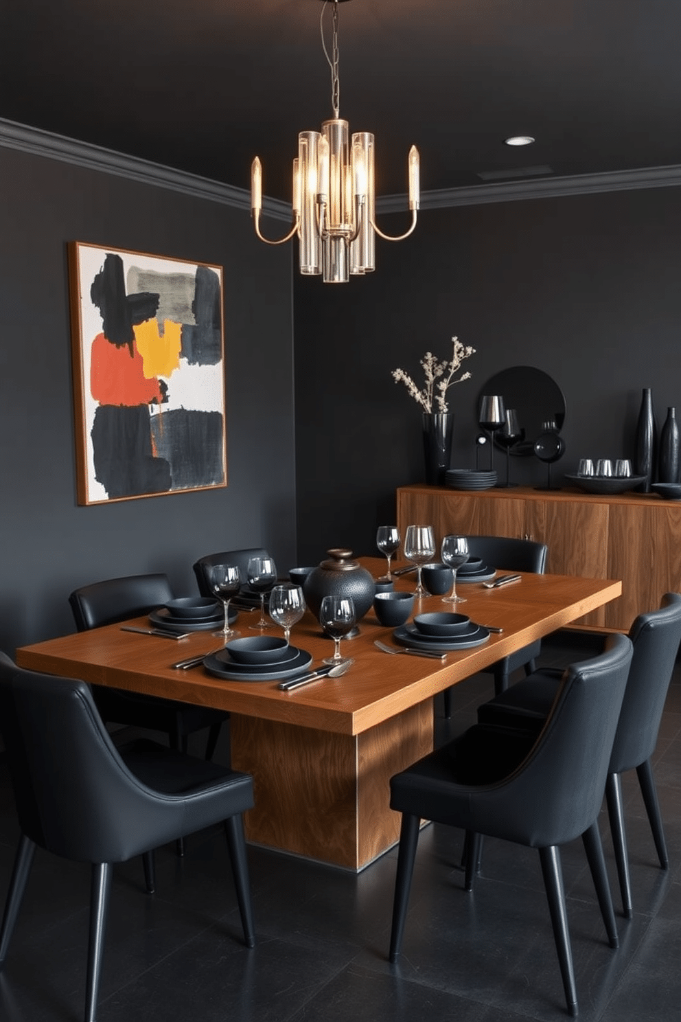 A sleek black dining room featuring cohesive black dinnerware elegantly arranged on a polished wooden table. The table is surrounded by modern black upholstered chairs, and a statement chandelier hangs above, casting a warm glow over the space. The walls are painted in a deep charcoal hue, creating a dramatic backdrop that enhances the overall sophistication. A large piece of abstract art in contrasting colors adorns one wall, while a stylish sideboard displays additional black dishware and decorative elements.