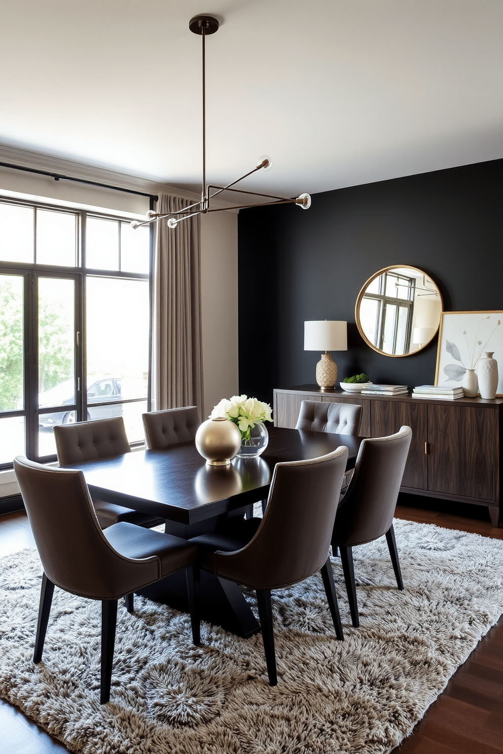 A striking black accent wall serves as the focal point of a modern dining room, adorned with sleek light fixtures that add a touch of elegance. The dining table, crafted from dark wood, is surrounded by plush upholstered chairs in a complementary color, creating a sophisticated atmosphere for entertaining. Large windows allow natural light to flood the space, highlighting the rich textures of a plush area rug beneath the table. A stylish sideboard against the wall showcases curated decor items, enhancing the room's contemporary aesthetic.