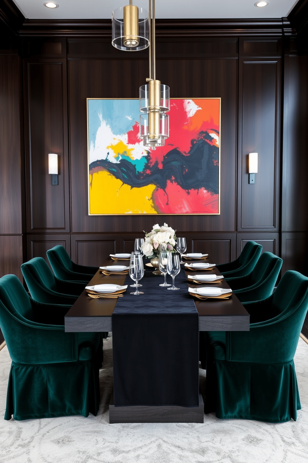 A striking black dining room features a bold black table runner that adds a dramatic effect to the space. The table is set with elegant white dinnerware and gold flatware, surrounded by plush velvet chairs in a deep emerald hue. The walls are adorned with rich, dark wood paneling, complemented by soft ambient lighting from modern pendant fixtures above. A large abstract painting in vibrant colors serves as a focal point, enhancing the sophisticated atmosphere of the room.