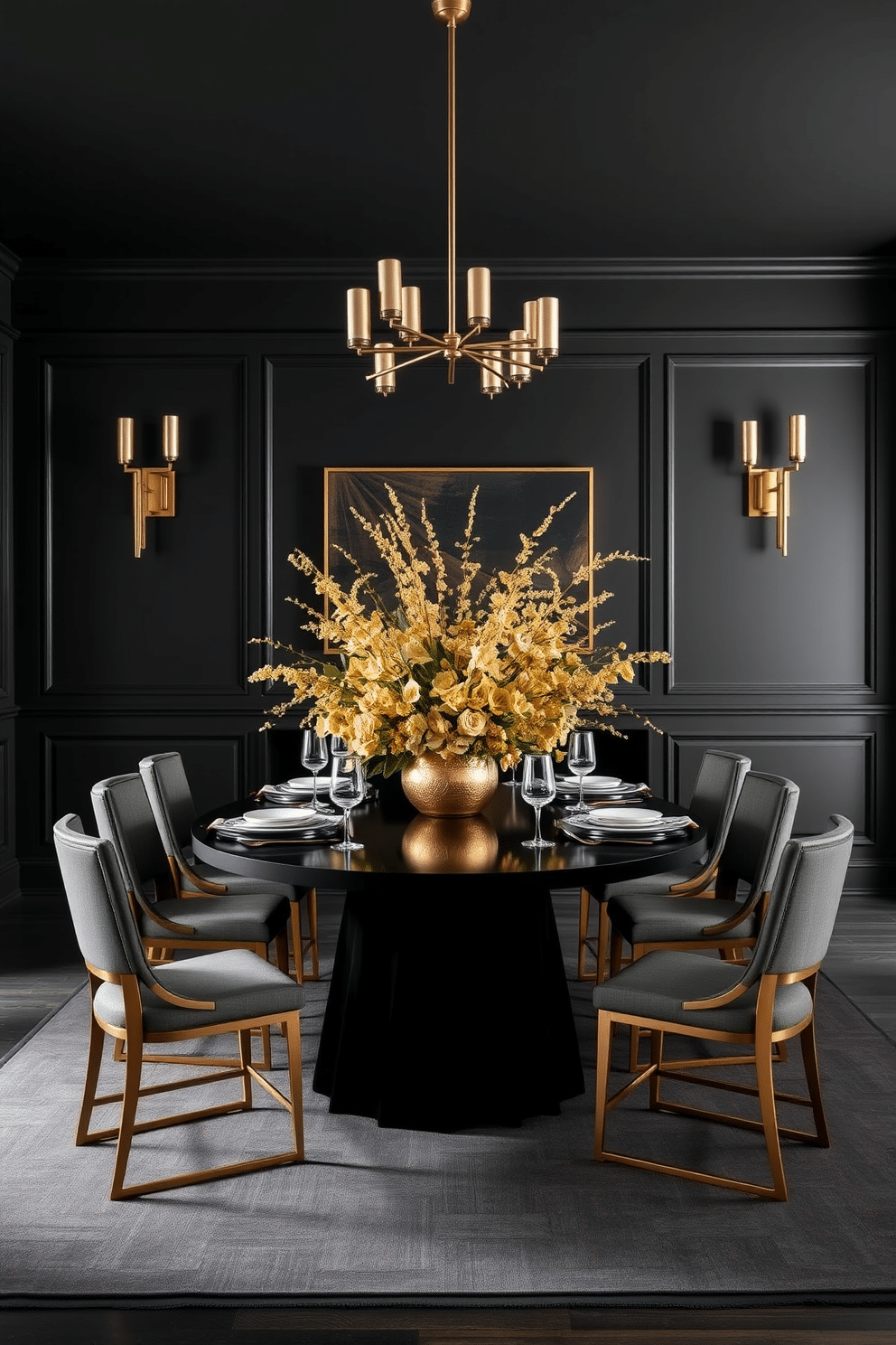 A striking black dining room featuring an elegant table set for six, adorned with a luxurious gold floral arrangement centerpiece. The walls are painted in a deep matte black, complemented by gold accents in the light fixtures and tableware, creating a sophisticated and inviting atmosphere.