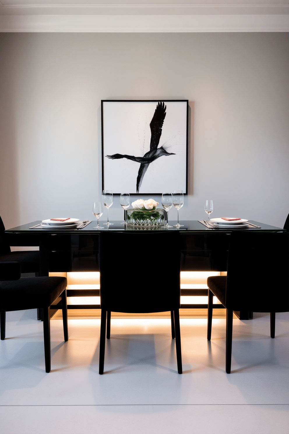 A contemporary black and glass buffet table serves as the focal point of a chic dining room. The table is adorned with elegant tableware, a sleek centerpiece, and ambient lighting that enhances the modern aesthetic. Surrounding the buffet table are plush black dining chairs, each featuring a minimalist design that complements the overall decor. The walls are painted in a soft gray tone, while a striking piece of artwork adds a pop of color to the space.