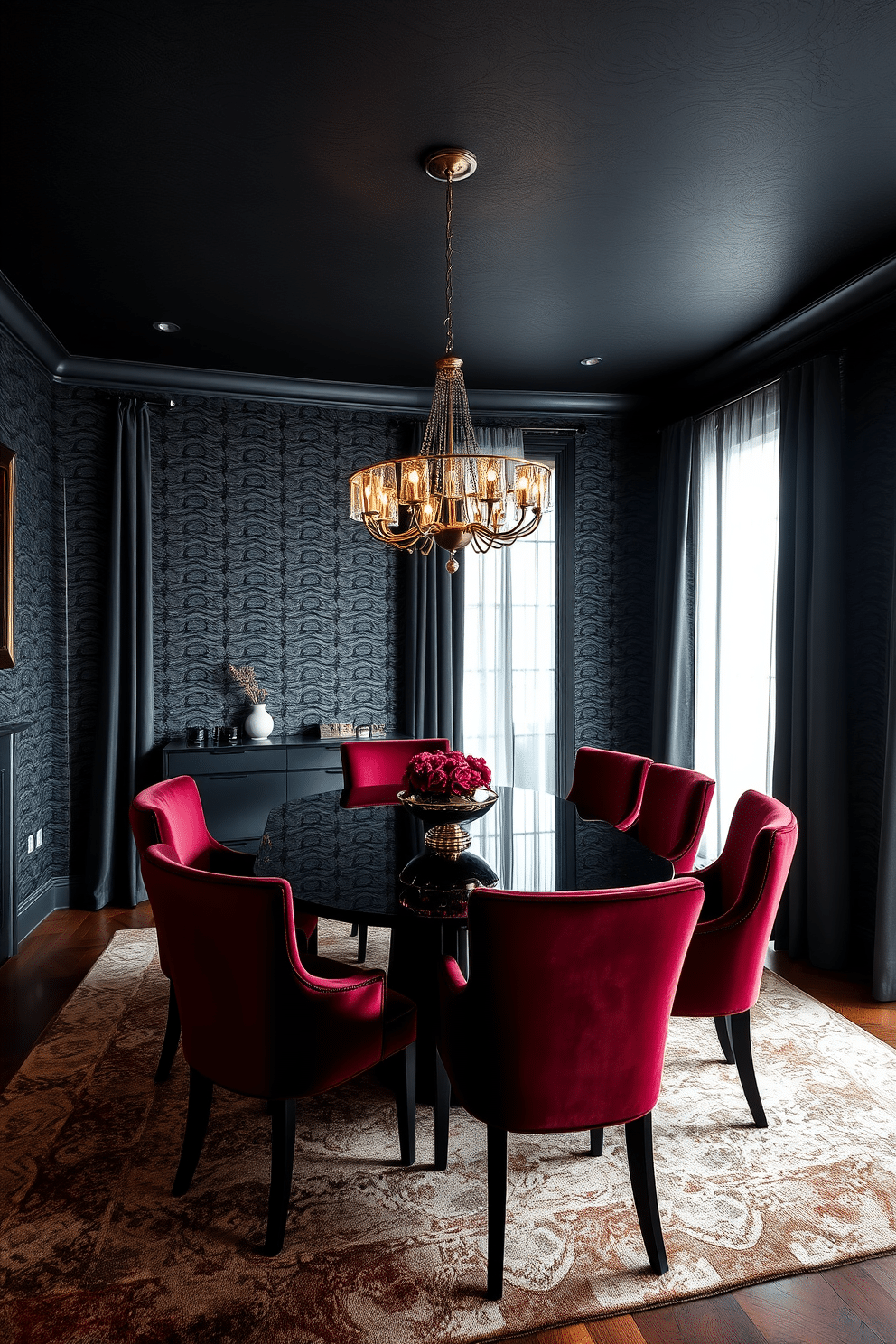 A luxurious dining room featuring textured black wallpaper that adds depth and sophistication to the space. The room is adorned with a sleek black dining table surrounded by elegant velvet chairs in deep jewel tones, creating a striking contrast against the wallpaper. A contemporary chandelier hangs above the table, casting a warm glow that enhances the intimate atmosphere. Large windows dressed with sheer curtains allow natural light to filter in, illuminating the rich textures and colors of the room.