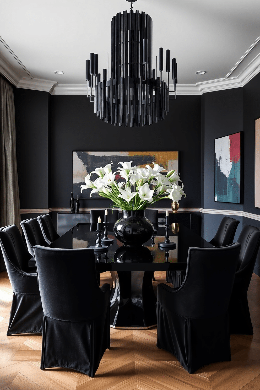 A striking black dining room features a sleek, modern table surrounded by elegant, high-backed chairs upholstered in rich velvet. The centerpiece is a bold, sculptural black vase filled with white lilies, complemented by minimalist black candle holders on the table. The walls are adorned with abstract art pieces in contrasting colors, adding depth and interest to the space. A large, contemporary chandelier with black accents hangs above, casting a warm glow over the dining area.