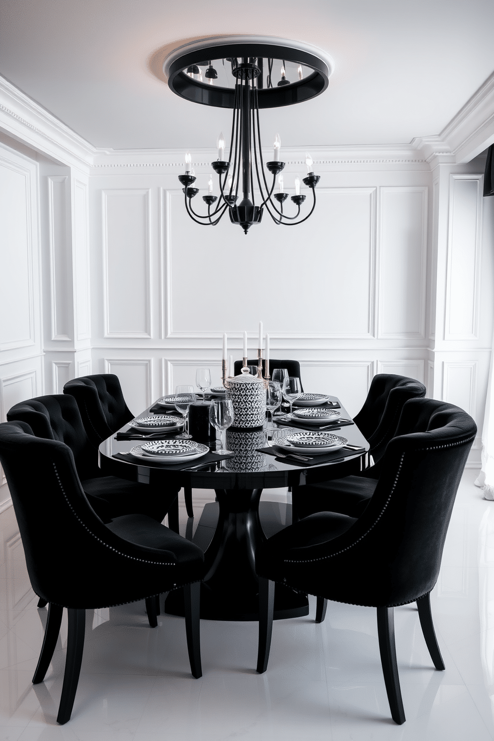 A chic dining room features an elegant black dining table set against a backdrop of white walls. The table is adorned with a striking black and white tableware arrangement, including patterned plates and sleek cutlery that create a sophisticated contrast. Surrounding the table are plush black chairs, each upholstered in a luxurious fabric that adds comfort and style. Soft ambient lighting from a modern chandelier casts a warm glow over the space, enhancing the monochromatic theme.