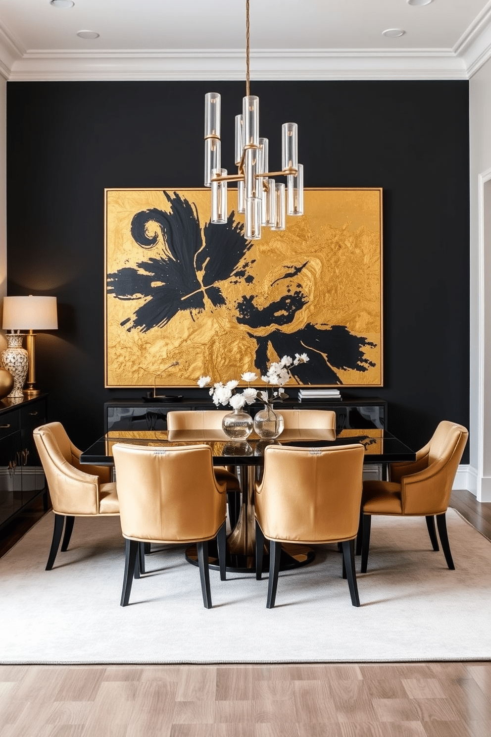 A striking dining room featuring a bold black accent wall adorned with large gold and black abstract wall art. The room is furnished with an elegant black dining table surrounded by plush gold-accented chairs, creating a luxurious atmosphere. Soft lighting fixtures hang above the table, casting a warm glow over the space. A large area rug in muted tones anchors the room, while a stylish sideboard showcases decorative items that complement the art.